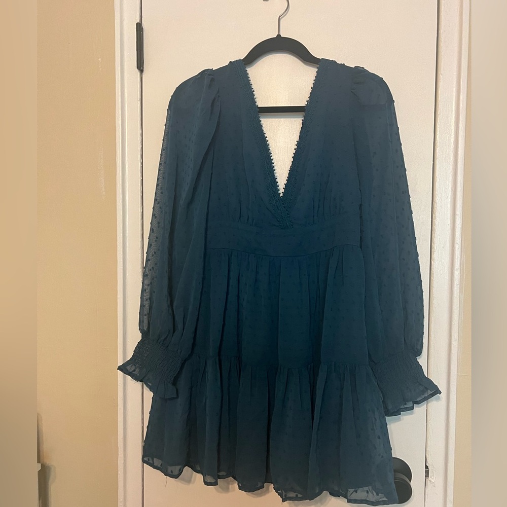 Lulu's Teal Swiss Dot V-Neck Tiered Dress